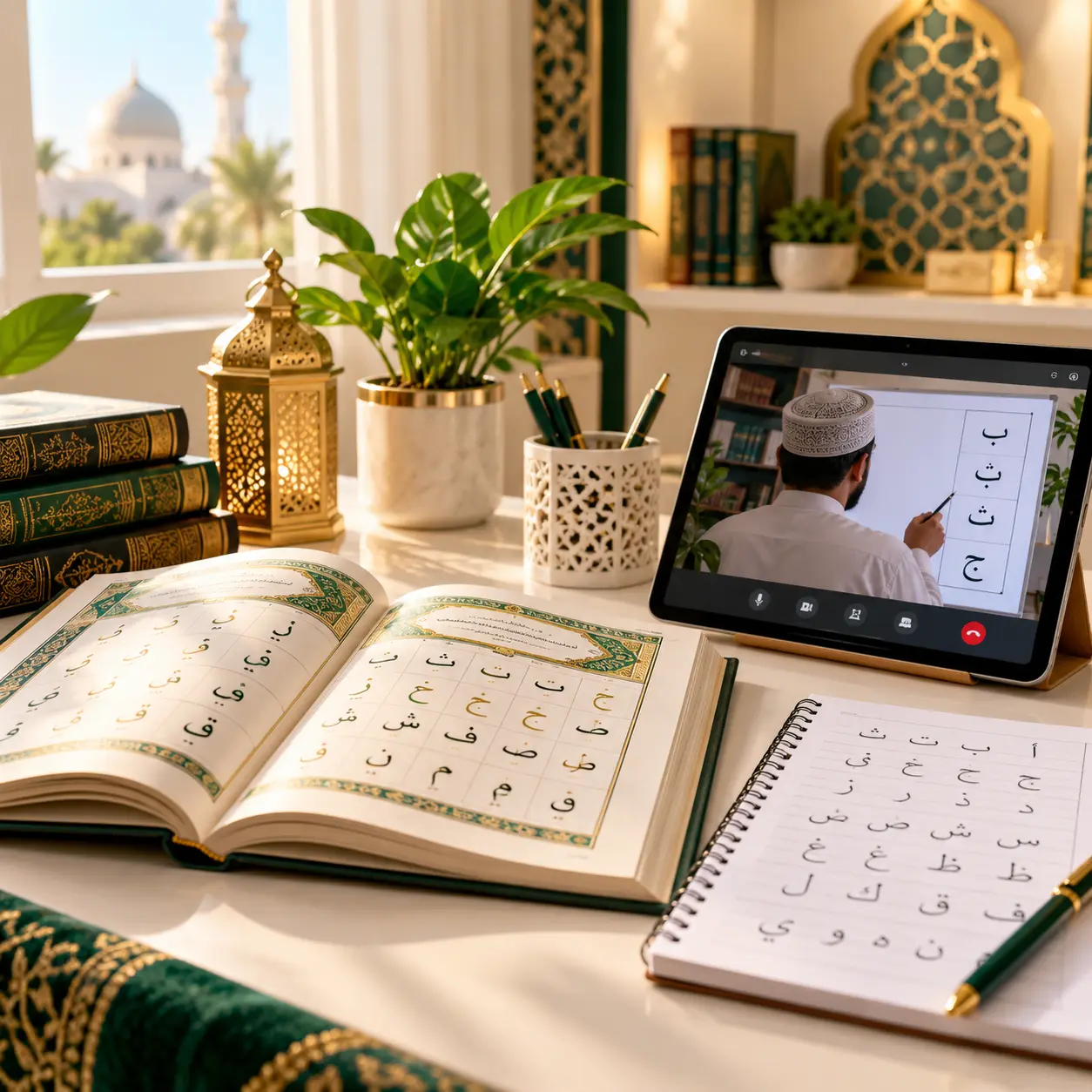 Student learning Arabic letters online with a tutor using a tablet