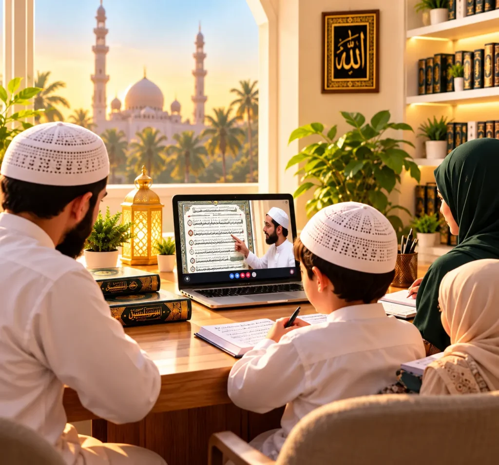 Students learning Quran recitation online with a teacher.