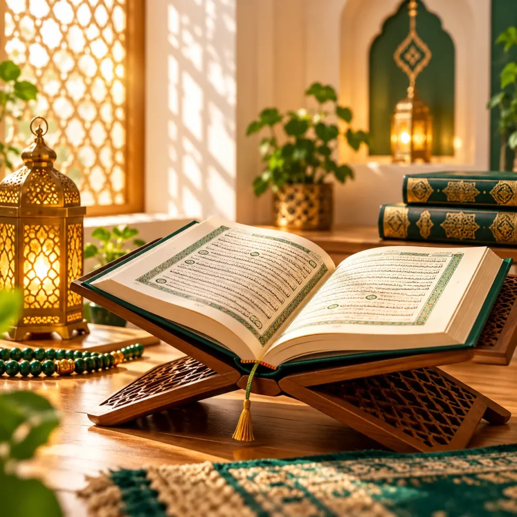 Open Holy Quran on a wooden stand with prayer beads and decorative lanterns