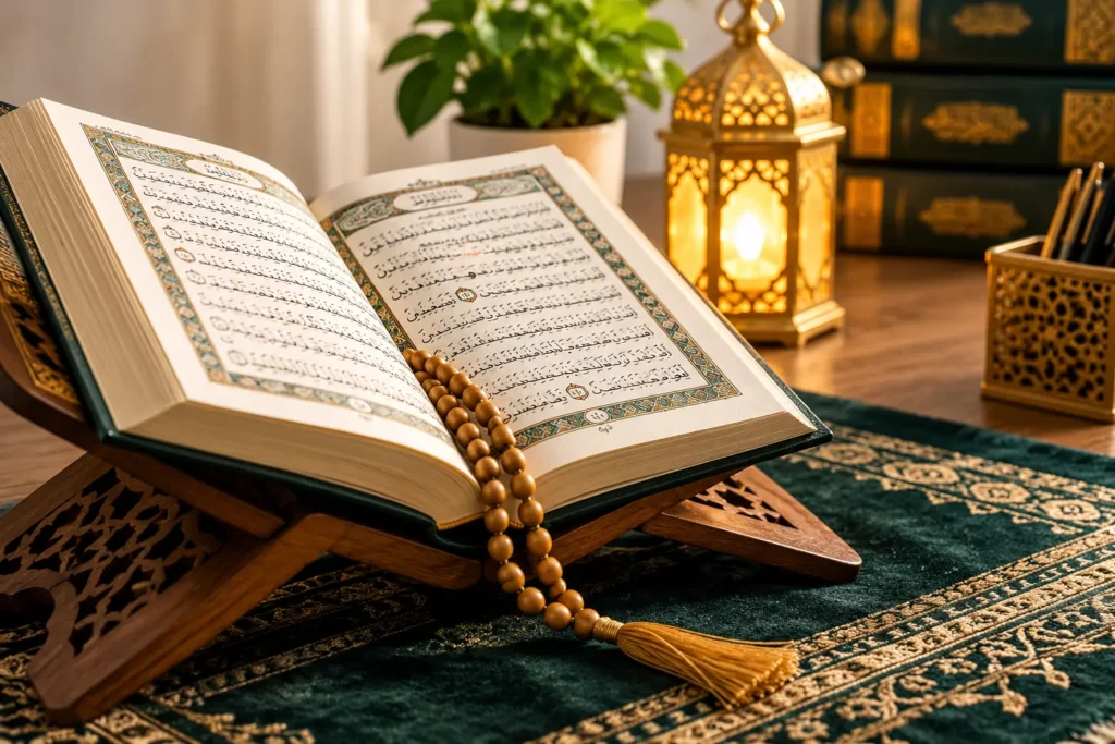 Open Quran with prayer beads and lantern for online Quran reading course