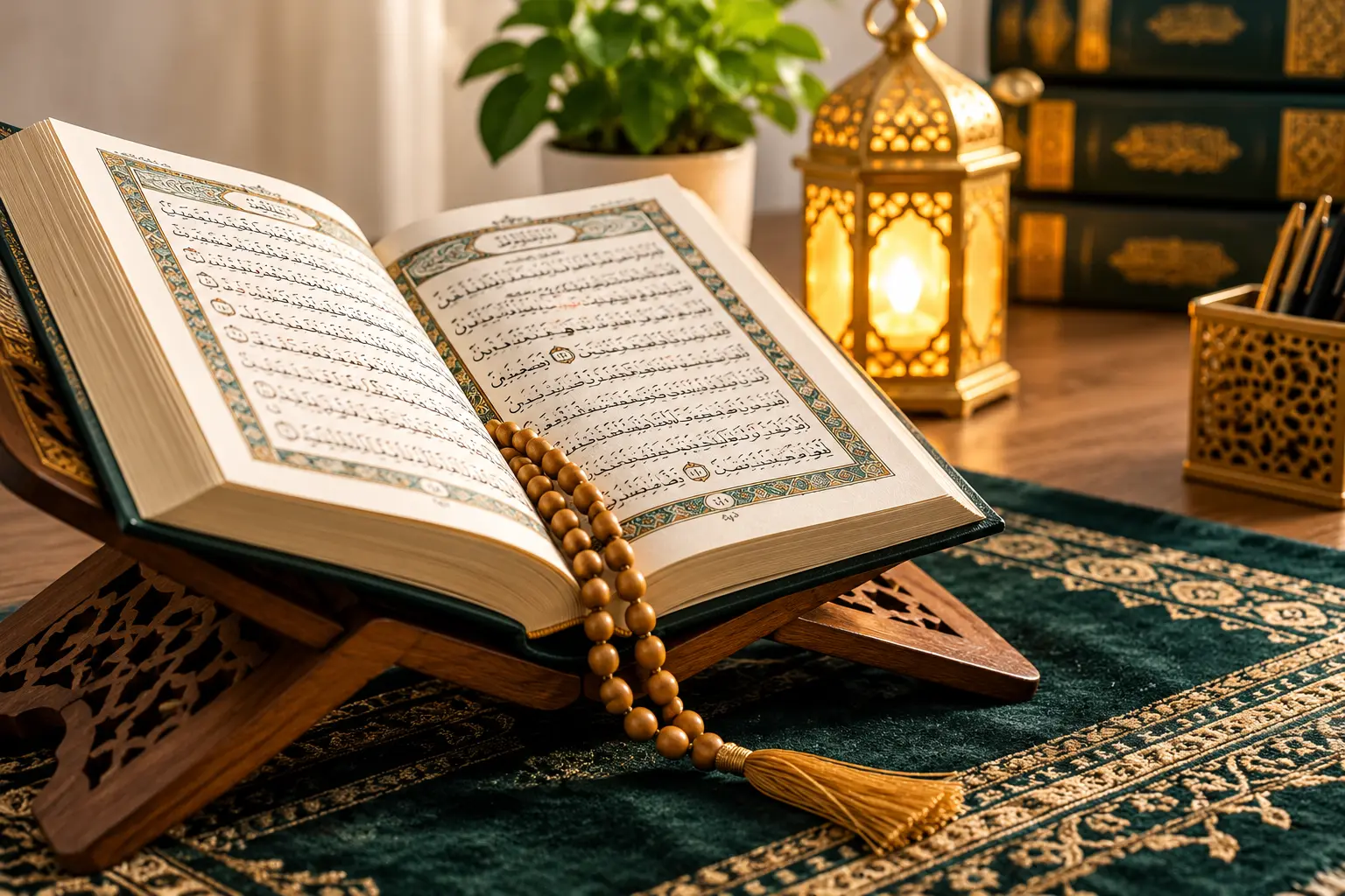 Open Quran with prayer beads and lantern for online Quran reading course