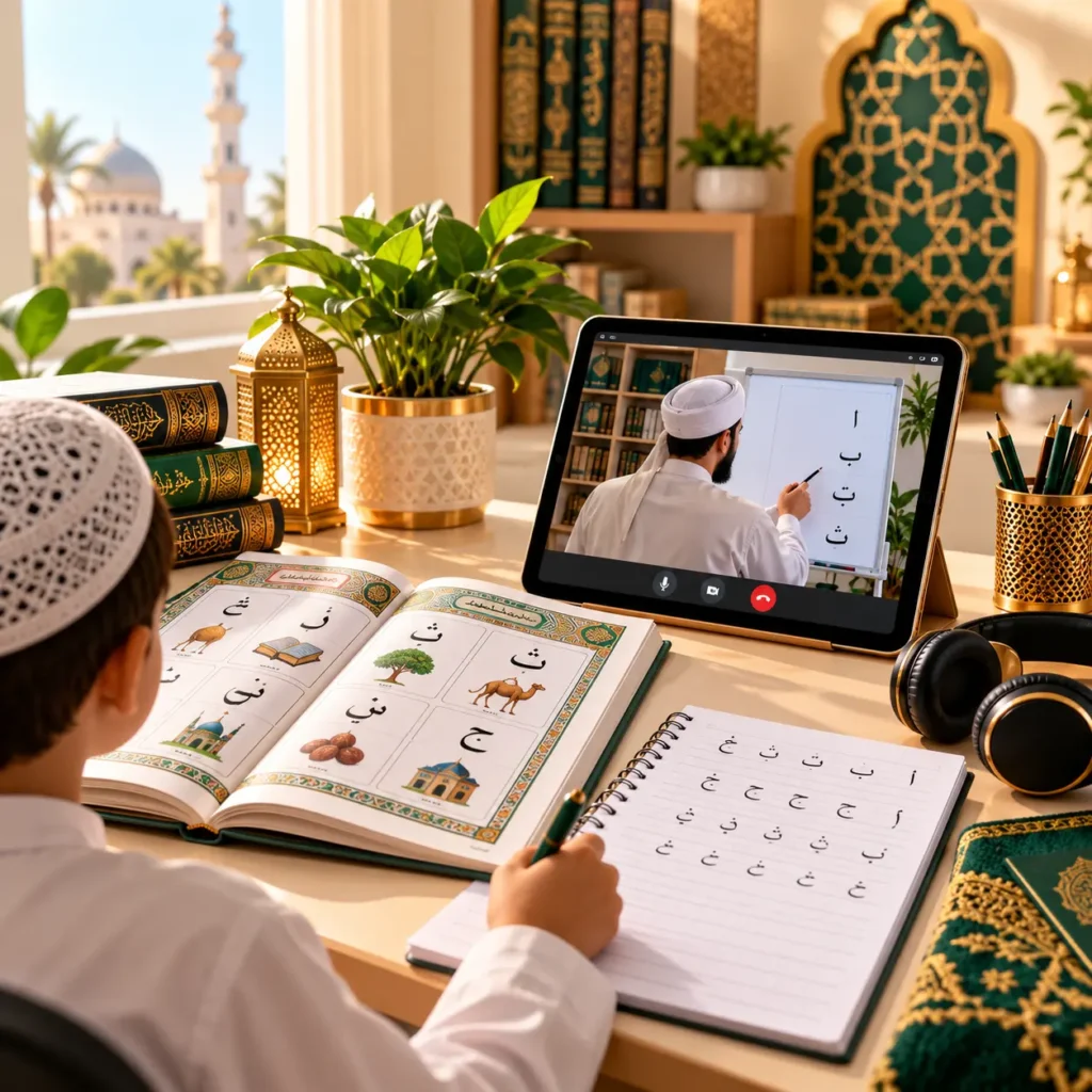 Child learning Arabic online with a tutor using a tablet and Arabic writing materials