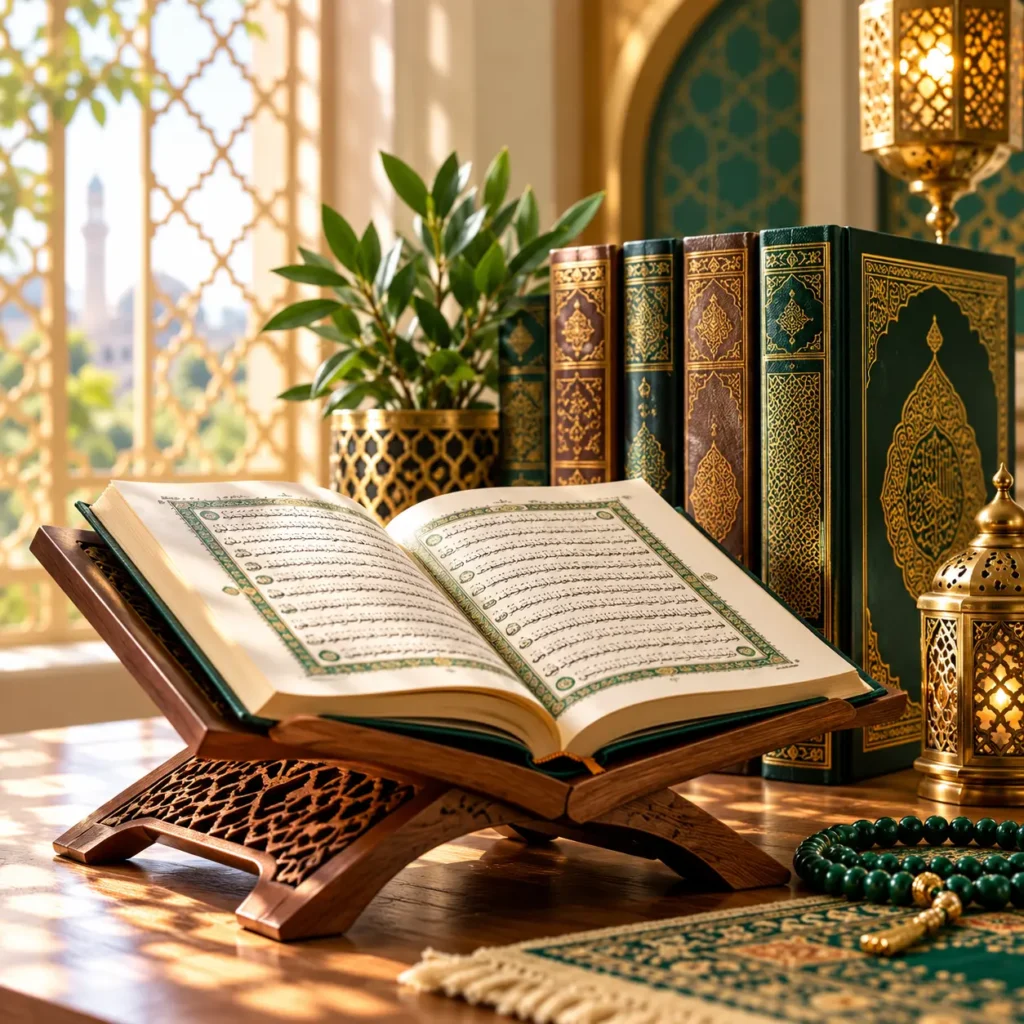 Open Quran with Islamic books and lanterns for understanding Quran Tafsir meaning