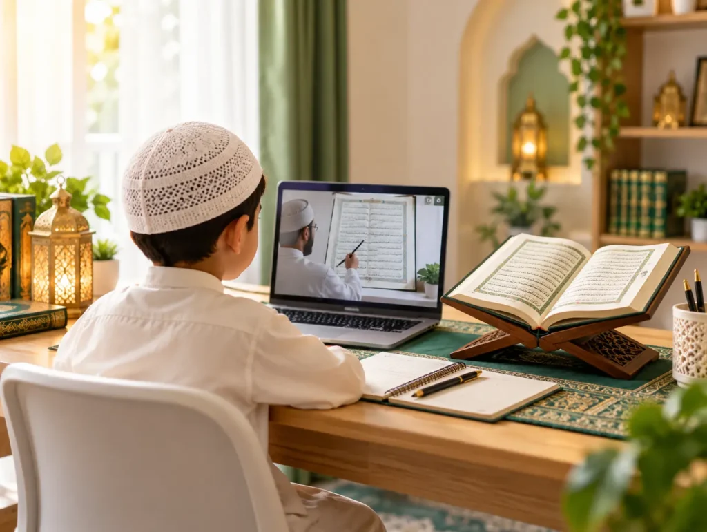 Child memorizing the Quran online with a tutor at home