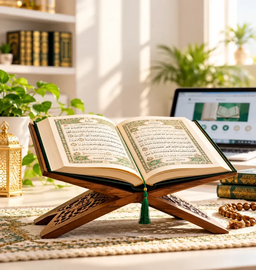 Open Quran beside a laptop for online Quran learning.