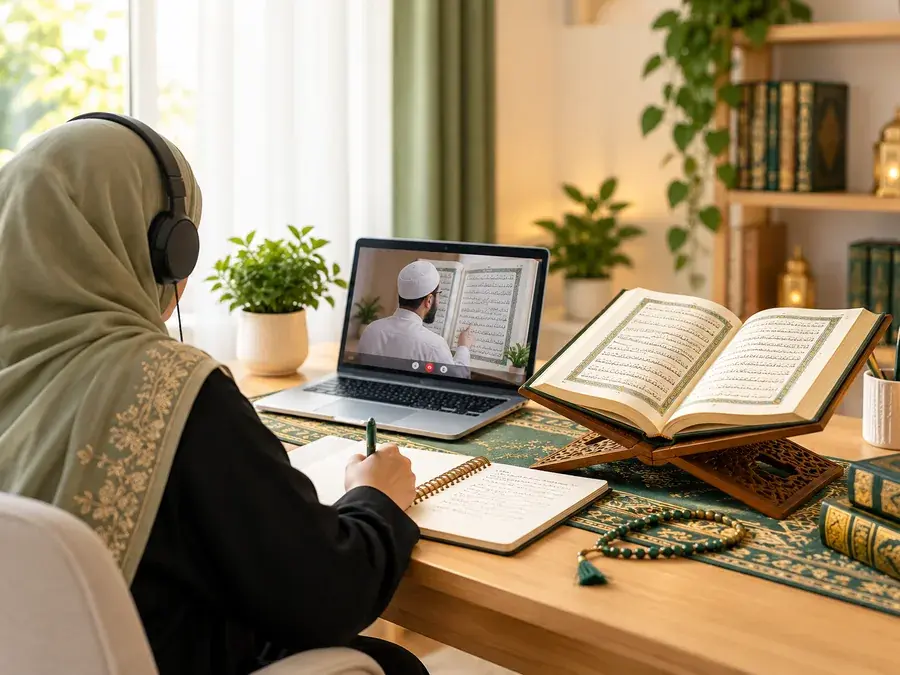 Muslim woman learning Quran memorization online with a tutor