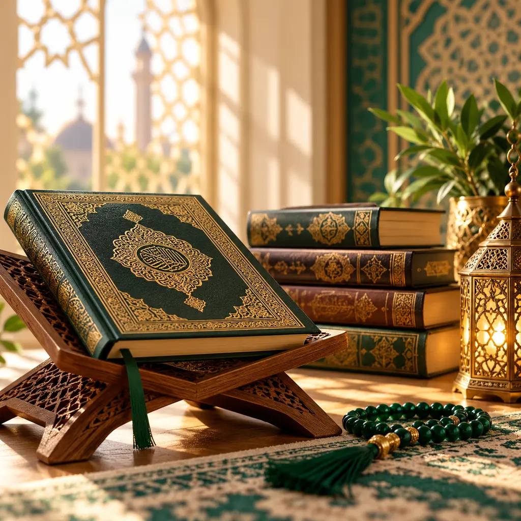 Holy Quran with Islamic books, prayer beads, and a decorative lantern